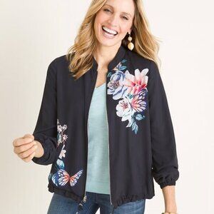 NWOT Chico's Reversible Butterfly Garden Print and Stripe Bomber Jacket